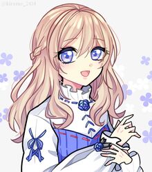  blonde_hair blue_flower blue_rose braid crown_braid female flower medium_hair nijisanji nijisanji_kr open_mouth portrait purple_eyes rose shirt smile so_nagi so_nagi_(1st_costume) solo sorahoshi_kirame_(artist) twitter_username virtual_youtuber white_shirt 