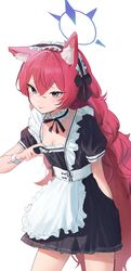  :p absurdres alternate_costume animal_ears apron black_eyes blue_archive breasts choker cleavage clothes_pull commentary enmaided female fox_ears fox_girl frilled_apron frills hair_between_eyes halo highres iroha_(blue_archive) kemonomimi_mode long_hair looking_at_viewer maid maid_apron maid_headdress nonoa pulling_own_clothes red_hair short_sleeves sidelocks simple_background solo tongue tongue_out very_long_hair waist_apron white_apron white_background wrist_cuffs 