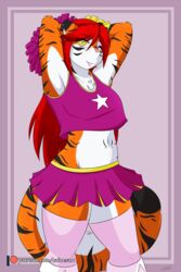  2:3 anthro boots breasts cainesart cheerleader clothed clothing crossdressing felid female footwear fur hair hi_res legwear looking_at_viewer mammal midriff multicolored_body multicolored_fur navel one_eye_closed orange_body orange_fur pantherine pom_poms red_hair sammy_(cainesart) solo stockings striped_body striped_fur stripes tail tiger white_body white_fur wink yellow_eyes 