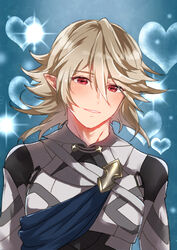  1boy armor asymmetrical_hair blush cape commentary_request corrin_(fire_emblem) corrin_(male)_(fire_emblem) fire_emblem fire_emblem_fates heart looking_at_viewer male_focus nekolook platinum_blonde_hair pointy_ears red_eyes smile solo upper_body weapon 