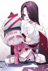  2girls :d absurdres ako_ko_(yaguo) box breasts brown_hair cake choker food green_eyes hair_between_eyes hair_over_one_eye highres holding holding_box holding_spoon large_breasts long_hair long_sleeves motion_blur multiple_girls original parted_lips pink_eyes pink_hair pity_(yaguo) shirt sleeves_past_fingers sleeves_past_wrists smile spoon white_choker white_shirt yaguo 