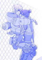  2girls absurdres animification apex_legends blue_theme bodysuit cable chain-link_fence fence hair_behind_ear hair_bun hand_on_another&#039;s_neck highres hood hood_down hooded_jacket jacket knee_pads lifting_person looking_at_another looking_down monochrome multiple_girls parted_lips scarf short_hair single_hair_bun smile straddling tuxiaoning_not wattson_(apex_legends) wraith_(apex_legends) yuri 