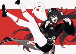  boo_tao_(genshin_impact) chinese_clothes commentary female flower fuka_(hk_nemo) genshin_impact ghost hat hat_flower highres hu_tao_(genshin_impact) kneehighs long_hair looking_at_viewer open_mouth red_eyes red_theme shoes shorts smile socks solo tongue tongue_out twintails 