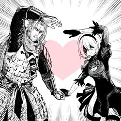  1boy 2b_(nier:automata) arm_up armor bad_id bad_pixiv_id blindfold breasts cleavage cleavage_cutout closed_mouth clothing_cutout commentary crossover dress emphasis_lines facial_hair female gloves hairband heart heart_arms_duo japanese_armor juliet_sleeves long_sleeves mole mole_under_mouth monochrome nier:automata nier_(series) nioh okamura_(okamura086) puffy_sleeves scar scar_on_face short_hair simple_background william_(nioh) 