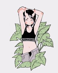  arm_behind_head armpits black_hair blush_stickers cowboy_shot female grey_pants horns looking_to_the_side medium_hair midriff monster_girl navel nemupan open_pants original pants philodendron solo sports_bra stretch 