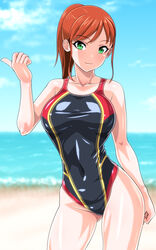  anime_coloring beach black_one-piece_swimsuit blue_sky breasts brown_hair cloud collarbone commentary_request competition_swimsuit contrapposto cowboy_shot day female green_eyes hitchhiking horizon large_breasts long_hair looking_at_viewer monteriakitto ocean one-piece_swimsuit original outdoors shiny sky solo swimsuit thumbs_up 