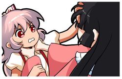  2girls asphyxiation black_hair border bow chokeposting_(meme) clenched_teeth commentary derivative_work fighting fujiwara_no_mokou hairbow houraisan_kaguya jokanhiyou long_hair lowres meme multiple_girls parody pink_hair puffy_short_sleeves puffy_sleeves red_eyes screenshot_redraw shirt short_sleeves simple_background teeth the_last_of_us_(series) the_last_of_us_2 touhou white_background white_border white_shirt 