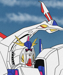  1970s_(style) cloud cloudy_sky commentary gundam gundam_hathaway&#039;s_flash highres mecha meme mobile_suit mobile_suit_gundam mobile_suit_gundam:_cucuruz_doan&#039;s_island no_humans parody penelope_(hathaway&#039;s_flash) pink_eyes quality retro_artstyle robot science_fiction sky solo style_parody taka_two upper_body v-fin 