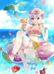  bare_shoulders beach bikini bird blue_sky blush breasts collarbone commentary day dessert detached_leggings fate/grand_order fate_(series) female flower_on_liquid flower_wreath food fruit green_bikini grey_hair hair_ribbon head_wreath highres innertube kama_(fate) kama_(swimsuit_avenger)_(fate) kama_(swimsuit_avenger)_(first_ascension)_(fate) looking_at_viewer mentaikopan miniskirt navel ocean open_mouth outdoors parakeet parfait petals rainbow_skirt red_eyes ribbon sandals short_hair sitting skirt sky small_breasts solo spoon swim_ring swimsuit thighs water whipped_cream white_legwear 