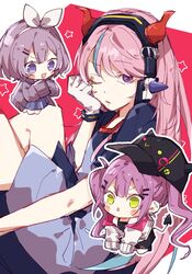  3girls aimai_(aimailskl) baseball_cap bibi_(tokoyami_towa) black_camisole black_headwear blue_hair bow camisole chibi crazy_raccoon demon_tail gloves hair_behind_ear hairbow hat headphones highres hololive jacket long_hair looking_at_viewer looking_down multicolored_hair multiple_girls nijisanji nijisanji_kr nun_bora nun_bora_(2nd_costume) one_eye_closed open_mouth purple_hair purple_sweater selly55 sitting streaked_hair sweater tail tokoyami_towa tokoyami_towa_(1st_costume) twintails v-shaped_eyebrows virtual_youtuber white_bow white_gloves white_jacket 