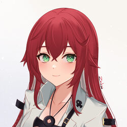  ankh artist_name blush closed_mouth collarbone commentary female green_eyes grey_background guilty_gear guilty_gear_strive highres jack-o&#039;_valentine jewelry lips long_hair looking_at_viewer necklace red_hair signature simple_background smile upper_body zinkaa 