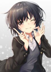  amagami black_hair black_jacket blazer blush brown_eyes commentary dress_shirt female gesture gradient_background grey_background grey_sweater_vest highres jacket kibito_high_school_uniform light_smile long_sleeves looking_at_viewer messy_hair nanasaki_ai one_eye_closed rairaisuruyo school_uniform shirt short_hair solo sweater_vest upper_body white_shirt 