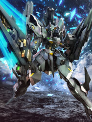  crystal glowing glowing_eyes green_eyes head_tilt highres holding holding_sword holding_weapon looking_at_viewer mecha no_humans raftclans robot science_fiction smoke super_robot_wars super_robot_wars_judgement super_robot_wars_og_moon_dwellers super_robot_wars_original_generation sword weapon zb_(dawn-blue) 