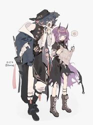  1boy arknights blue_hair boots chinese_clothes coat demon_girl demon_horns eyewear_strap female glasses hat highres horns lava_(arknights) lava_the_purgatory_(arknights) looking_at_another mr._nothing_(arknights) multicolored_hair official_alternate_costume pants purple_hair short_hair skirt thurim6 torn_clothes torn_skirt 