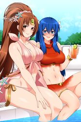  alternate_costume bikini blue_eyes blue_hair blurry blurry_background blush bow bracelet breasts brown_eyes brown_hair caeda_(fire_emblem) caeda_(summer)_(fire_emblem) circlet cleavage cloud cloudy_sky collarbone cup day english_commentary female fire_emblem fire_emblem:_mystery_of_the_emblem fire_emblem_heroes flower food fruit groin hair_between_eyes hair_flower hair_ornament halterneck highres holding holding_cup jewelry large_breasts lemon lemon_slice lindaroze linde_(fire_emblem) linde_(summer)_(fire_emblem) long_hair looking_at_viewer navel necklace official_alternate_costume one-piece_swimsuit pink_bikini pink_bow ponytail poolside red_bikini second-party_source shadow sideboob sidelocks sky smile star_(symbol) star_hair_ornament swimsuit thigh_strap thighs turtleneck turtleneck_one-piece_swimsuit very_long_hair 