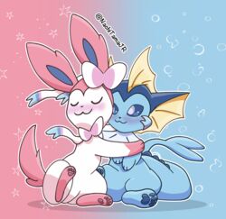  ambiguous_gender anthro blue_background blue_body blue_eyes closed_eyes duo eeveelution feral fin fish generation_1_pokemon generation_6_pokemon gradient_background hug mammal marine nachitamajr nintendo pattern_background pink_background pink_ears pink_paws pink_tail pokemon pokemon_(species) simple_background sylveon tail tail_fin text vaporeon white_body yellow_fin 