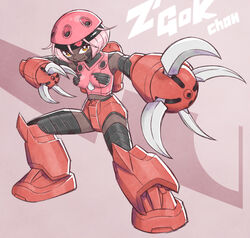  brown_eyes character_name claws dark-skinned_female dark_skin female fighting_stance gundam humanization looking_to_the_side mecha mecha_musume mobile_suit_gundam pink_hair red_background robot solo sunafuki_tabito z&#039;gok z&#039;gok_char_custom 