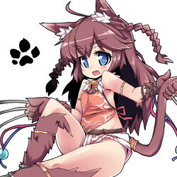  :d ahoge animal_ears bell blue_eyes blush braid brown_hair cat_ears cat_tail claw_(weapon) commentary_request female jingle_bell looking_at_viewer nemui_(nemui) oerba_yun_fang open_mouth paw_print sennen_sensou_aigis simple_background smile solo tail twin_braids two_side_up ur_(sennen_sensou_aigis) weapon white_background 