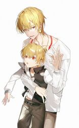  2boys :d :o age_comparison blonde_hair child_gilgamesh_(fate) earrings fate/extra fate/extra_ccc fate/grand_order fate/hollow_ataraxia fate/stay_night fate/strange_fake fate/zero fate_(series) feet_out_of_frame gilgamesh_(fate) highres hug hug_from_behind jacket jewelry k7_(kk7_000) lolicon long_sleeves looking_at_viewer looking_away male_focus multiple_boys necklace official_alternate_costume open_mouth pants red_eyes short_hair simple_background smile tattoo teeth time_paradox toned toned_male upper_teeth_only white_background 