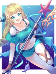  bikini blonde_hair brown_gloves commentary_request crop_top female fingerless_gloves fire_emblem fire_emblem:_three_houses fire_emblem_heroes fish flower gloves green_eyes hair_flower hair_ornament holding ingrid_brandl_galatea ingrid_brandl_galatea_(summer) long_hair midriff off-shoulder_bikini off_shoulder open_mouth pimi_(ringsea21) polearm solo starpoint_lance_(fire_emblem) swimsuit weapon 