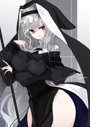  absurdres arknights arm_under_breasts bare_hips belt black_dress breasts commission cowboy_shot dress female grey_background grey_hair groin habit hair_between_eyes highres holding impossible_clothes impossible_dress large_breasts long_hair long_sleeves no_panties nun parted_lips pelvic_curtain red_eyes signature skeb_commission smile solo specter_(arknights) two-tone_background very_long_hair yonagi_white 