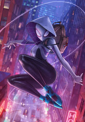  backpack bag ballet_slippers bodysuit building chromatic_aberration city earphones female gwen_stacy highres hood hood_up hooded_bodysuit jee-hyung_lee lamppost looking_at_viewer marvel mask md5_mismatch midair night road silk skyscraper solo spider-gwen spider-man_(series) spider_web spider_web_print street superhero_costume 