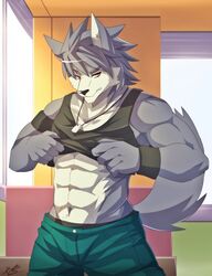 2013 abs anthro athletic biceps big_muscles biped black_nose bottomwear boxers_(clothing) canid canine canis clothed clothing clothing_lift digital_media_(artwork) dog_tags domestic_dog fur grey_body grey_fur grey_hair hair hi_res husky jewelry kouya_(morenatsu) looking_at_viewer male mammal morenatsu muscular muscular_anthro muscular_male necklace nordic_sled_dog pants pecs pose rabbity sagging shirt shirt_lift solo spitz standing sweatband tank_top teeth topwear underwear white_body white_fur wristband yellow_eyes