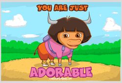 backpack border bovid bovine cattle clothing creepy dora_marquez dora_the_explorer enzo female grey_border hair human humor hybrid looking_at_viewer mammal pun purple_clothing purple_shirt purple_topwear shirt solo topwear unknown_artist what what_has_science_done where_is_your_god_now