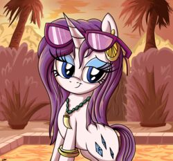 2014 blue_eyes blue_eyeshadow cutie_mark daniel-sg equid equine eyeshadow eyewear female feral friendship_is_magic glasses hair half-closed_eyes hasbro horn jewelry makeup mammal mountain my_little_pony mythological_creature mythological_equine mythology narrowed_eyes necklace outside palm_tree plant purple_hair rarity_(mlp) shrub solo sunset swimming_pool teeth tree unicorn water