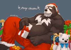 anthro bear black_bear christmas clothed clothing hat headgear headwear holidays male mammal mixvariety moon_bear overweight overweight_anthro overweight_male solo topless ursine