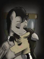 3:4 alternate_species black_hair bow_(feature) bow_tie brown_body brown_feathers brown_hair closed_eyes clothing discorded doctor_whooves_(mlp) dunnowhattowrite duo equid equine feathered_wings feathers friendship_is_magic fur hair hasbro male mammal my_little_pony mythological_creature mythological_equine mythology pegasus shirt_collar wings