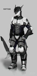 2014 absurd_res anthro armor biped black_hair blue_eyes blue_hair cetacean countershading dolphin ear_piercing fish hair hand_on_hip hi_res looking_at_viewer machine male mammal marine oceanic_dolphin piercing power_armor riptide_(riptideshark) shark simple_background smile smirk solo standing toothed_whale vectorconflict