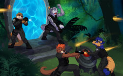 2013 anthro ave_(mindssyzygy) belt biceps black_nose blue_eyes blue_hair boots brown_body brown_nose canid canine chibi-marrow clothing dhd_(device) digitigrade ears_back eyewear facial_hair facial_piercing felid footwear forest fox gloves glowing goggles green_eyes grey_body grey_nose grin group gun hair handgun handwear jungle labret_piercing lip_piercing looking_away male mammal military muscular mustelid open_mouth orange_hair otter outside p90 pantherine piercing pistol pivoted_ears plant raised_arm ranged_weapon smile snow_leopard stargate stargate_(device) submachine_gun tail tail_between_legs teeth thomas_james_o&#039;connor tongue topwear tree tsarin vest weapon wirefur yelling