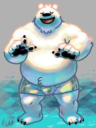 3:4 anthro barefoot bear biped black_nose bulge closed_eyes clothed clothing feet fur male mammal mixvariety overweight overweight_anthro overweight_male polar_bear solo topless ursine white_body white_fur