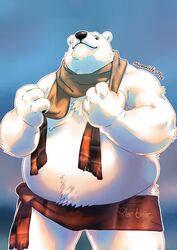 anthro bear black_nose clothed clothing fur male mammal mixvariety overweight overweight_anthro overweight_male polar_bear scarf solo topless ursine white_body white_fur