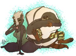 ambiguous_gender anthro barefoot black_body black_fur black_nose blush brown_body brown_fur camo caudle_(fursona) clothing coiling duo euplerid feet female female/ambiguous flirting fluffy fluffy_tail fur heart_symbol laphund_(artist) mammal markings mephitid ring-tailed_vontsira skunk striped_markings striped_skunk striped_tail stripes tail tail_markings tail_wrapped tail_wrapped_around_body tail_wrapping teasing tongue vontsira yuki_(disambiguation)