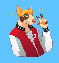 5_fingers akwin anthro blonde_hair blue_background brown_body brown_fur bull_terrier canid canine canis cel_shading claws clothed clothing deaglen domestic_dog ear_piercing fingers fur green_eyes hair hunting_dog jacket jock letterman_jacket looking_at_viewer male mammal orange_body orange_fur orange_nose piercing shaded shirt short_hair simple_background smile solo tan_body tan_fur terrier topwear