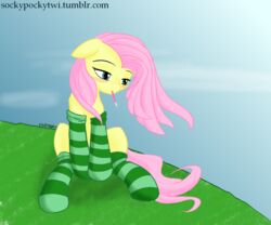 6:5 blue_eyes blush clothing cloud day equid equine female feral fluttershy_(mlp) food friendship_is_magic fur grass hair hair_over_eye hasbro horse legwear long_hair mammal my_little_pony one_eye_obstructed outside pink_hair plant pocky pony sad sitting sky solo stockings text thattagen url yellow_body yellow_fur