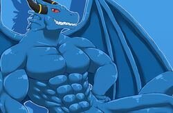 2013 abs anthro athletic biceps big_muscles blue_body blue_dragon_(character) blue_dragon_(series) blue_skin dragon fangs grin horn jewelry looking_at_viewer male membrane_(anatomy) membranous_wings muscular muscular_anthro muscular_male mythological_creature mythological_scalie mythology nude pecs pose red_eyes reptile ring ryuukikeito scales scalie simple_background smile solo teeth wings