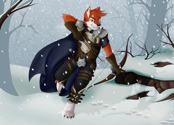 anthro armor arrow_(weapon) black_nose blue_eyes bow_(weapon) canid canine cloak clothing fangs fox fur holding_object holding_weapon kael_tiger male mammal orange_body orange_fur outside ranged_weapon snow snowing solo teeth weapon