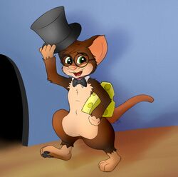 anthro bow_(feature) bow_tie cheese cheese_wedge clothing dairy_products eyewear female food fuzzywuff glasses hat headgear headwear hi_res holding_clothing holding_hat holding_headgear holding_headwear holding_object mammal mouse murid murine rodent simple_background solo top_hat