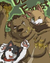 4:5 4_fingers angry annoyed anthro bear black_body black_ears black_eyes black_fur black_nose bodily_fluids brown_body brown_ears brown_eyes brown_fur canid canine clenched_teeth collar collarbone eyebrows fingers food fur green_background green_eyes grin group hikuchi honey_(food) male mammal messy multicolored_body multicolored_fur on_bottom on_top one_eye_closed open_mouth pawpads paws pink_pawpads red_collar red_eyes scar simple_background slightly_chubby smaller_on_top smile sweat tan_body tan_ears tan_fur teeth two_tone_body two_tone_fur white_body white_fur wink