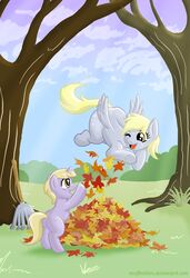 2012 autumn blonde_hair cloud daughter_(lore) derpy_hooves digital_media_(artwork) dinky_hooves_(mlp) duo equid equine fallen_leaves feathered_wings feathers female flying friendship_is_magic good_parenting grass hair happy hasbro hi_res horn leaf mammal mother_(lore) mother_and_child_(lore) mother_and_daughter_(lore) muffinshire my_little_pony mythological_creature mythological_equine mythology one_eye_closed outside parent_(lore) parent_and_child_(lore) parent_and_daughter_(lore) pegasus plant playful rake sky smile text tools tree unicorn url wings yellow_eyes