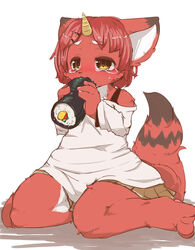 2014 blush bodily_fluids bottomwear canid canine chipar clothing eating ehomaki eyebrows female food food_fetish fur hair hi_res horn kemono makizushi mammal raised_tail red_hair short_hair simple_background sitting skirt solo suggestive suggestive_food sushi tail tears white_background white_body white_fur yellow_eyes