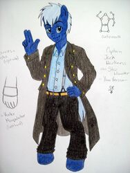 3:4 5_fingers anthro anthrofied barefoot belt biped blue_body blue_eyes blue_fur bottomwear british_broadcasting_corporation clothed clothing coat cutie_mark doctor_who dress_shirt equid equine feet fingers front_view fully_clothed fur hand_on_hip hasbro jack_harkness_(doctor_who) jack_harkness_(mlp) looking_at_viewer male mammal mothernoroi my_little_pony mythological_creature mythological_equine mythology pants pegasus shirt solo star_hunter_(mlp) suspenders text topwear torchwood white_body white_fur wings