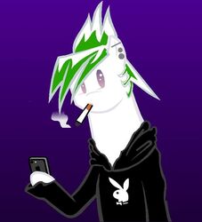 alternative_fashion anthro apple_inc. cellphone cigarette clothing coffee_mixer ear_piercing electronics green_hair hair holding_object holding_phone hoodie iphone lagomorph leporid male mammal phone piercing playboy playboy_bunny_logo purple_background rabbit simple_background smartphone smoke smoking solo topwear