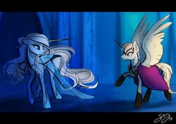 alicorn blue_body blue_eyes crossover disney duo equid equine feathered_wings feathers female frozen_(movie) hair hasbro horn mammal my_little_pony mythological_creature mythological_equine mythology princess_anna_(frozen) probablyfakeblonde queen_elsa_(frozen) white_body white_hair wings