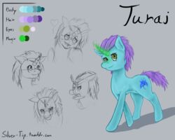 2013 5:4 aura blue_body blue_fur color_swatch cutie_mark english_text equid equine fan_character female fur grin hair hasbro heart_symbol horn mammal model_sheet my_little_pony mythological_creature mythological_equine mythology naughty_face poison_joke pose purple_hair short_tail side_view silver-tip silver-tip_(artist) simple_background smile solo spiky_hair tail text turai unicorn wide_hips