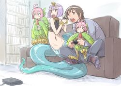 apode avian clothed clothing draconcopode european_mythology female furniture ganbanman greek_mythology group harpy human lamia legless male mammal monster_girl_(genre) mythological_avian mythological_creature mythology reptile scalie serpentine size_difference snake sofa split_form