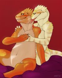 2014 agamid amit anthro bearded_dragon bedding blanket breasts claws duo earhole eye_contact female hand_holding licking lizard looking_at_another love male navel non-mammal_breasts nude orange_theme red_background reptile scales scalie simple_background sitting slightly_chubby stripes tongue tongue_out yellow_eyes